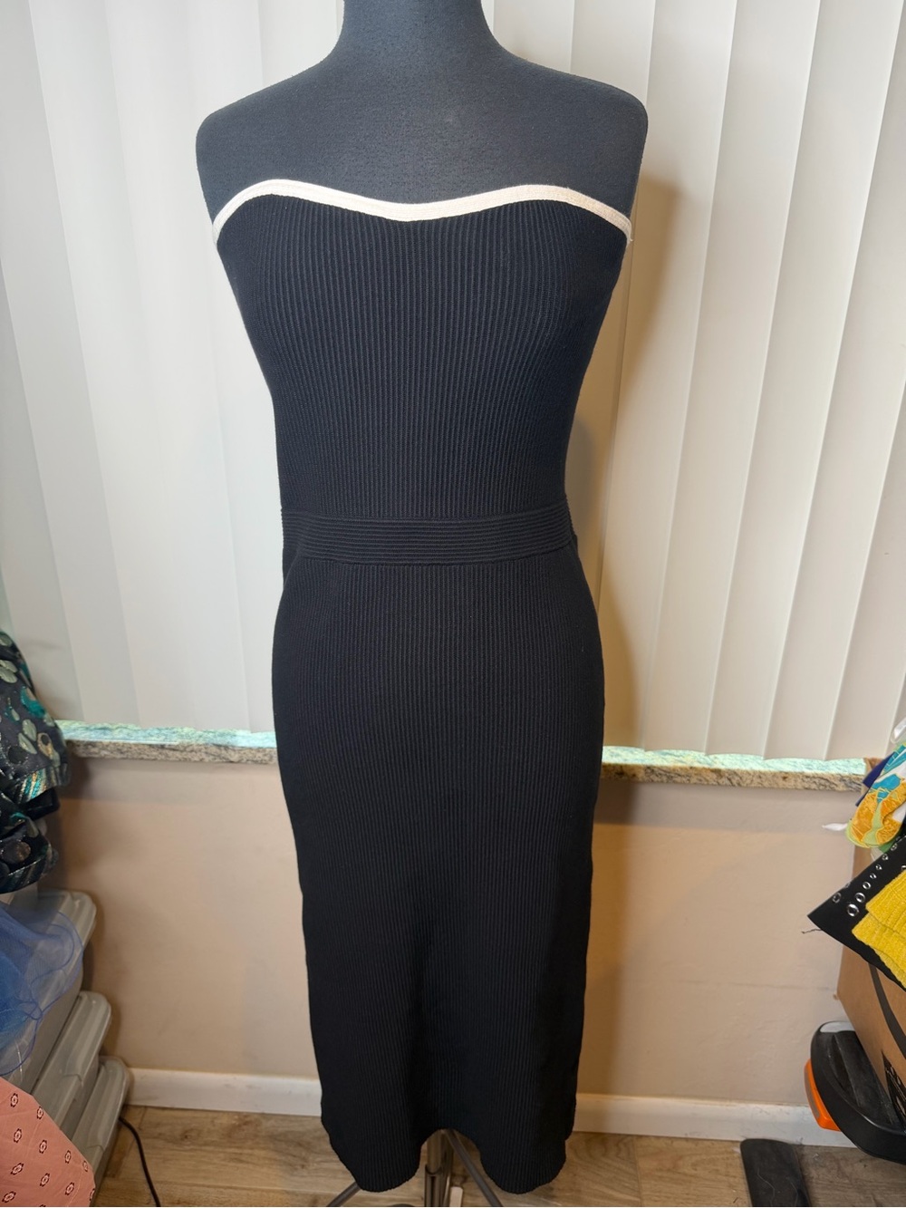 Camila Coelho Black Strapless Ribbed Knit Dress with White Trim Size Large